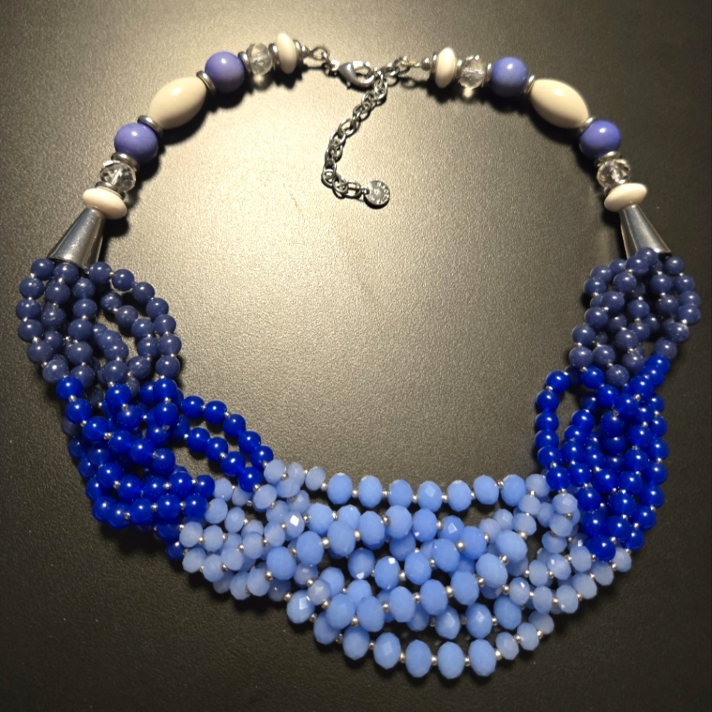 Talbots Silver Tone Layered Twisted Gradient Blue Faceted Glass Bead Necklace